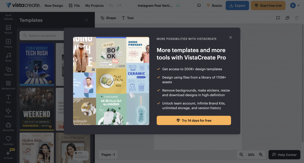 Screenshot of VistaCreate's editor with templates that require a paid plan for access. 